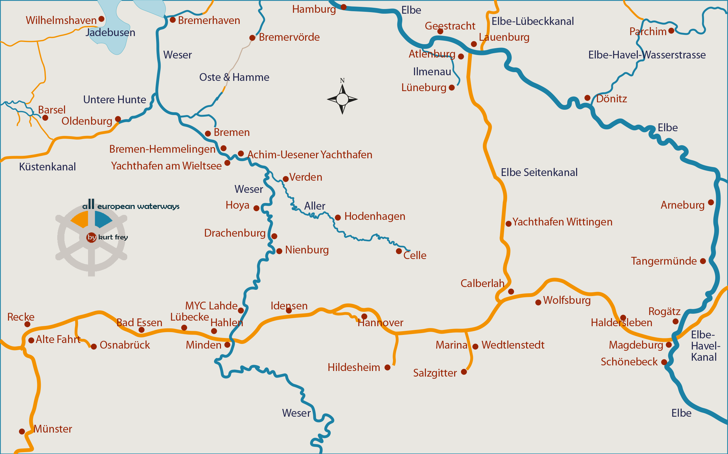 Schiffbare Gewässer, Flüsse, Kanäle, Wasserwege und Seen in Deutschland