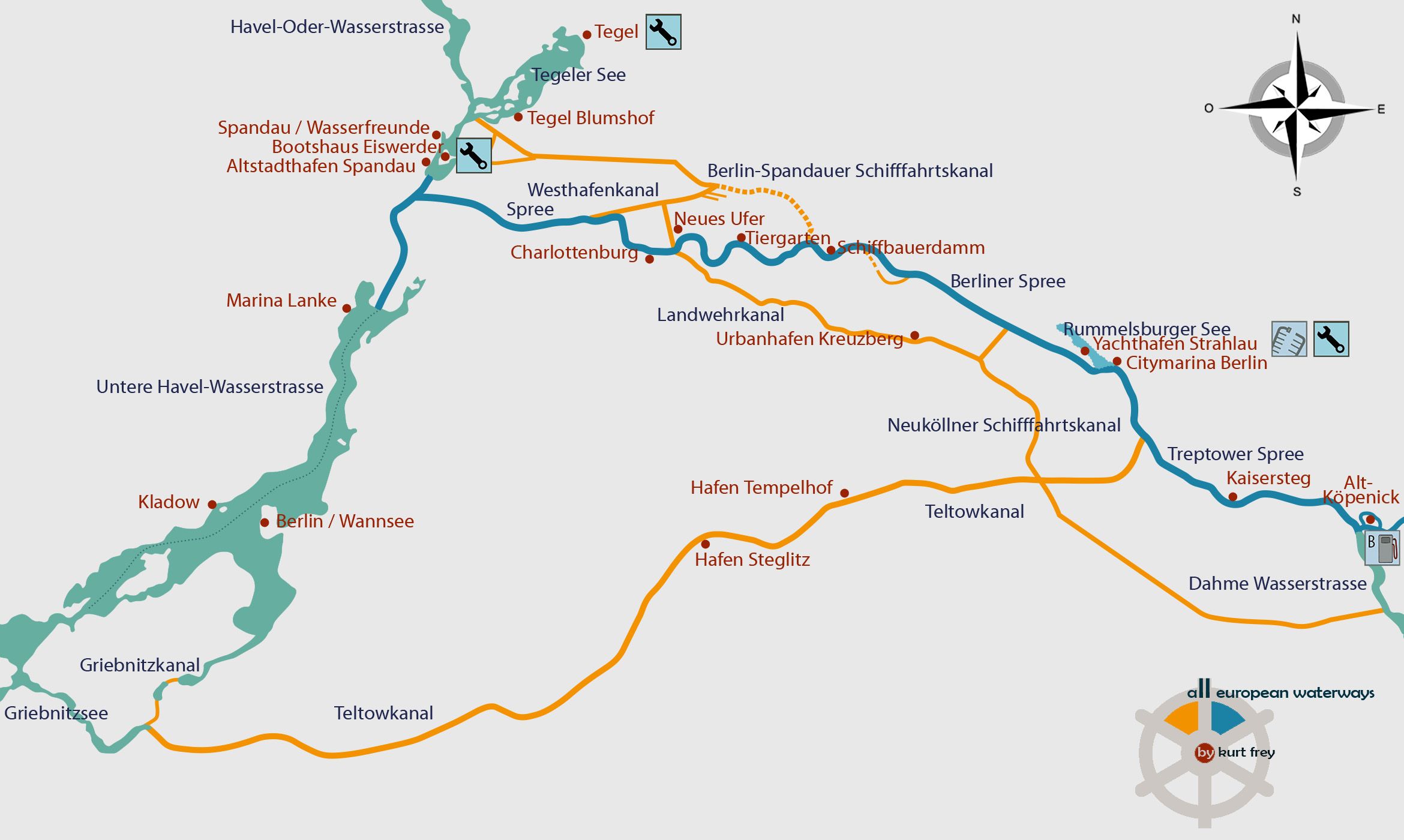 Schiffbare Gewässer, Flüsse, Kanäle, Wasserwege und Seen auf den